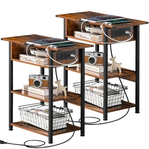 Lerliuo Narrow Side Table with Charging Station, Brown Nightstand for Small Spaces — Brown