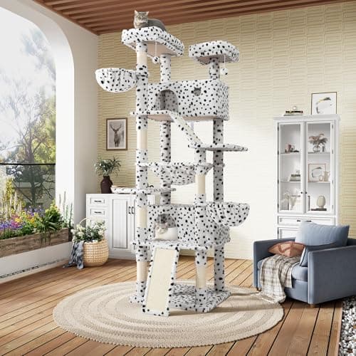 SHA CERLIN 81in Multi-Level Cat Tree Tower with Hammock & Sisal Posts, Grey — White & Black Spot