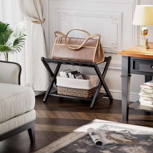 SMIBUY Bamboo Suitcase Stand with Storage, Black (1 Pack)
