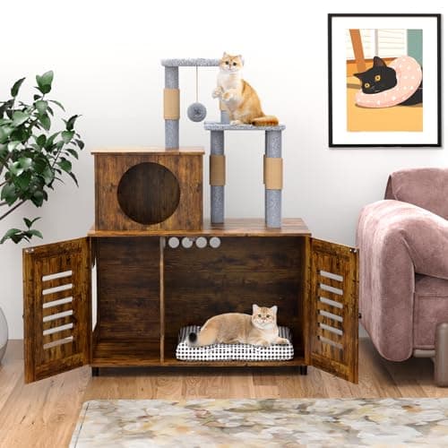 White All-in-One Cat Cabinet with Litter Box, Scratching Post, Soft Perch & Divider — Rustic Brown
