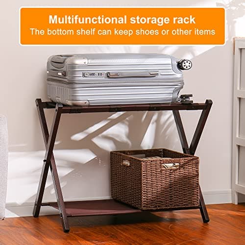 Luggage Rack Set of 2 for Guests, Steel Folding Suitcase Stand with Storage Shelf, Brown