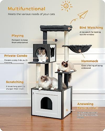 Petepela Large Wood Cat Tree with Litter Box, Storage & Scratching Post, Black