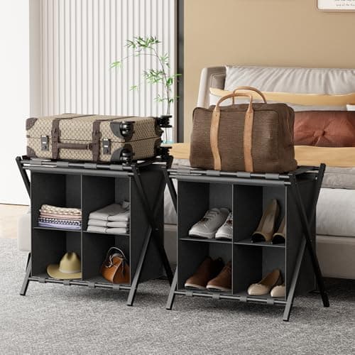 Black Folding Suitcase Stand with Storage Shelf for Guest Rooms