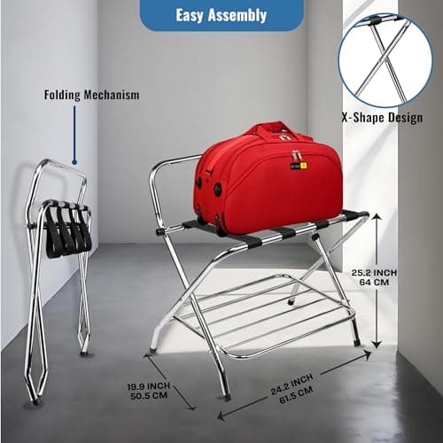 Double Tier Luggage Rack with High Back, Chrome, Assembly Included, Foldable Guest Room Organizer