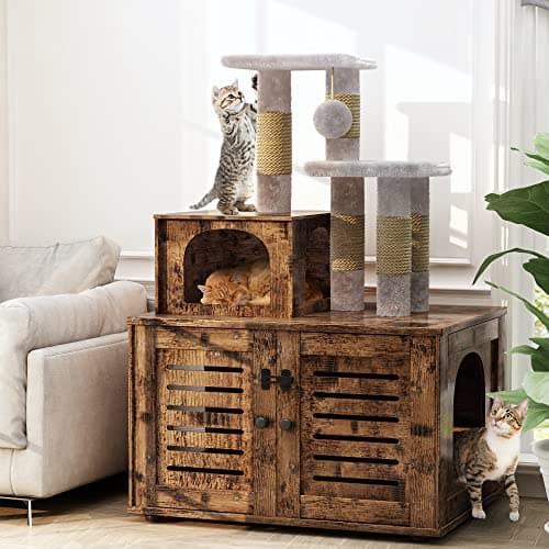 Rustic Brown Cat Litter Box with Tree & Washroom Divider
