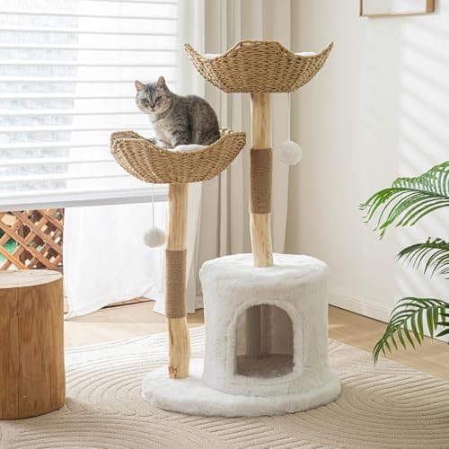 Tall Wooden Cat Tree for Large Cats 46" White with Scratcher.