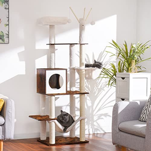 Hey-Brother Rustic Brown Wooden Cat Tree with Scratching Posts & Hammocks MPJ120SR