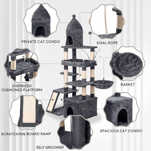 Large Cat Tree Tower, Scratching Post & Grooming Station, 72", Dark Grey