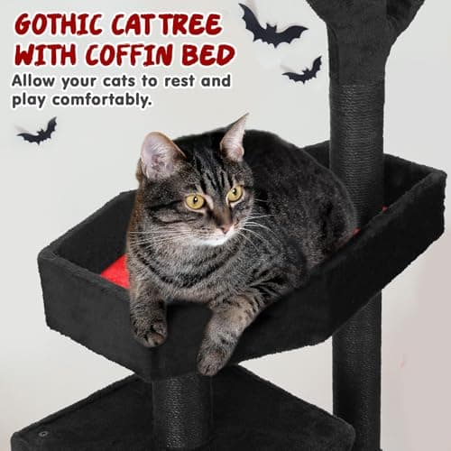 Heavy Duty Black & Red Gothic Cat Tree with Spacious Condo & Scratching Posts