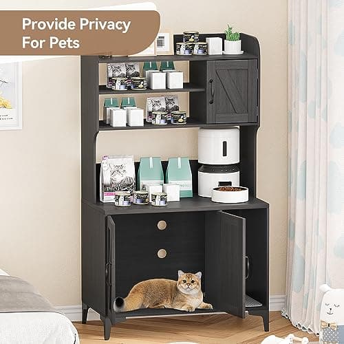 IDEALHOUSE Walnut Wood Cat Litter Box Enclosure with Shelves Doors