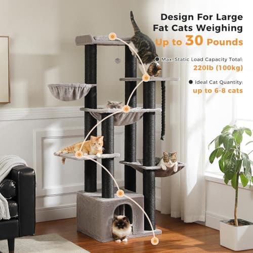 Gray 67in Tall Cat Tree for Indoor Maine Coons with 13 Thick Scratching Posts