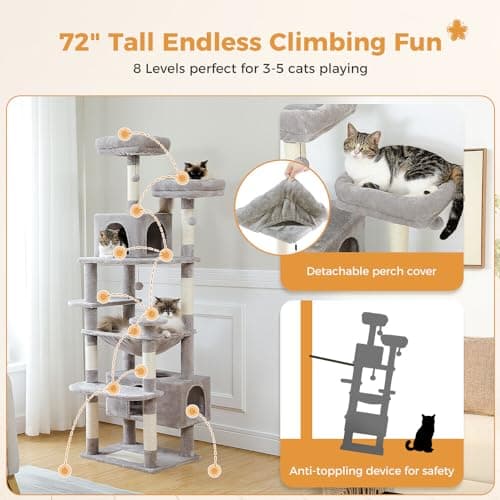 PAWZ Road Large 72 Inch Cat Tree for Indoor Cats - Gray