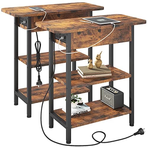 LIDYUK Flip Top Side Table with USB Ports & Outlets, White — Brown