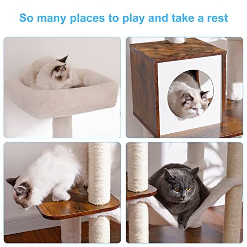 Hey-Brother Rustic Brown Wooden Cat Tree with Scratching Posts & Hammocks MPJ120SR
