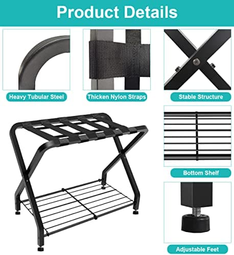 2-Tier Foldable Steel Luggage Rack, Black, 1 Pack