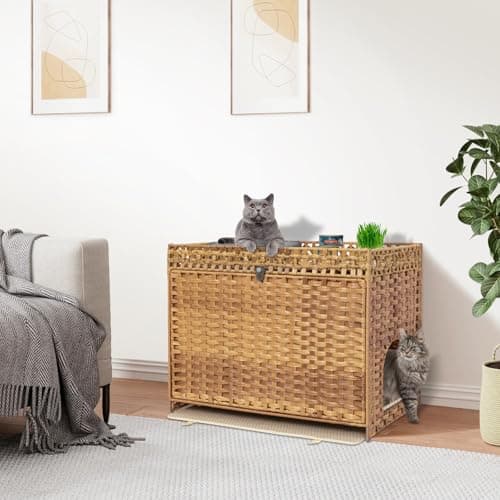 Handwoven Rattan Cat House with Door for Large Cats, Natural Enclosure Furniture