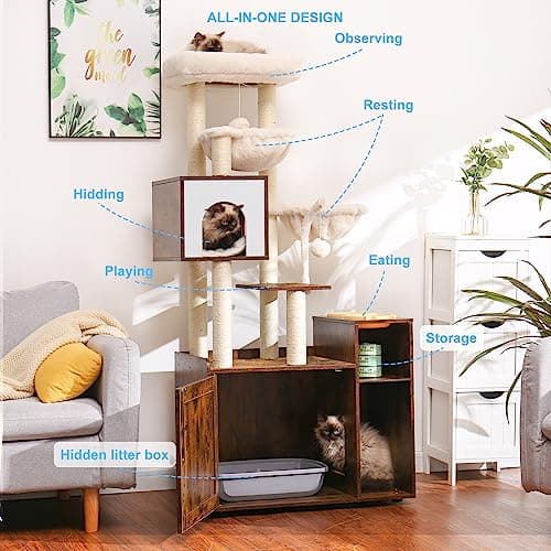Modern Cat Tree with Litter Box Enclosure and Food Station