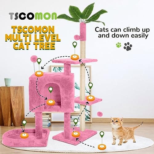 Indoor Cat Tree Tower with Green Leaves and Multi-Level Cozy Plush Condo Scratching Posts, Pink