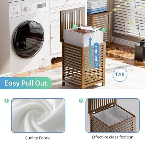 SMIBUY 120L Bamboo Laundry Hamper with Liner & Dividers (Walnut)