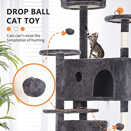 BestPet 70in Cat Tree Tower with Scratching Posts & Toys, Multi-Level Activity Center,Light Gray