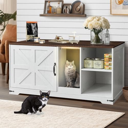 Antique White Cat Litter Box Enclosure with Storage, Farmhouse Style