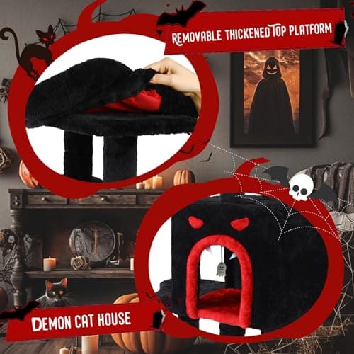 Large GothicCat Tree with Coffin Bed & Scratching Post, Tall Black Kitten Tower