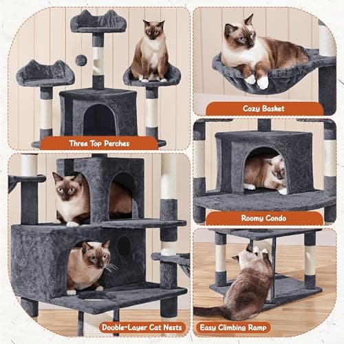 Yaheetech Large Cat Tree Tower, 76.5in Multi-Level Scratch & Play, Dark Gray