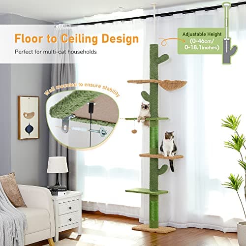 PAWZ Road Cat Tree: Cactus Climbing Tower, 95-108 Inches, 5 Levels, Hammock & Balls