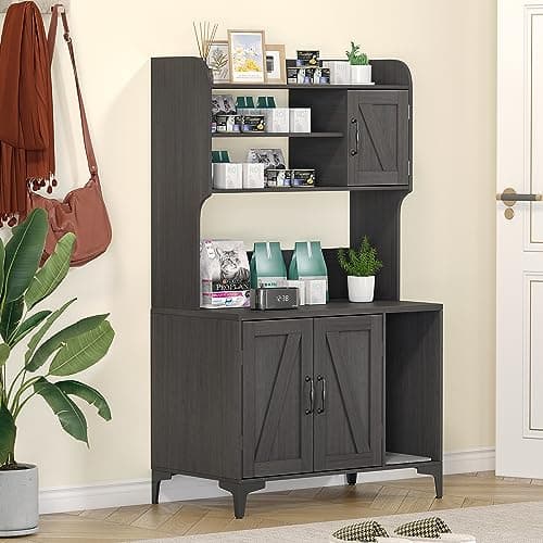 IDEALHOUSE Walnut Wood Cat Litter Box Enclosure with Shelves Doors