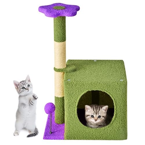 24 Inch Pink Floral Cat Tree with Condo, Scratching Post & Soft Ball — 24" Purple