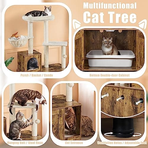 53in Cat Tree with Wood Litter Box Enclosure for Indoor Large Cats
