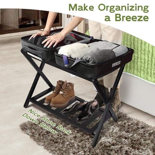 Bamboo Luggage Rack with Shelf | Heavy Duty, Black