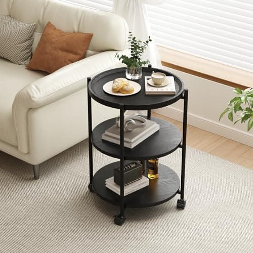 Modern 3-Tier Side Table with Wheels, Black, for Living Room or Bedroom