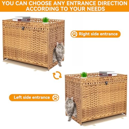 Handwoven Rattan Cat House with Door for Large Cats, Natural Enclosure Furniture