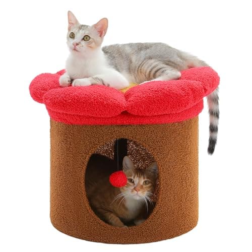 Petepela 2-Level Cat Bed, Pink: Tree House & Flower Bed, Large Cats — Brown
