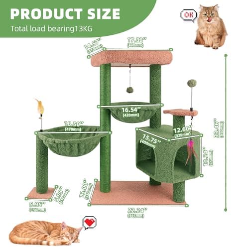 YOUPET 33.46" Cactus Cat Tree Tower with Hammock and Scratching Post, Green