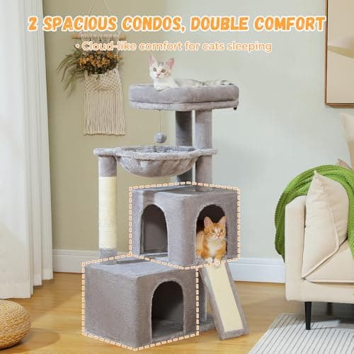 PAWZ Road Large Cat Tree with 41-Inch Multi-Level Tower & 2 Spacious Condos-Gray