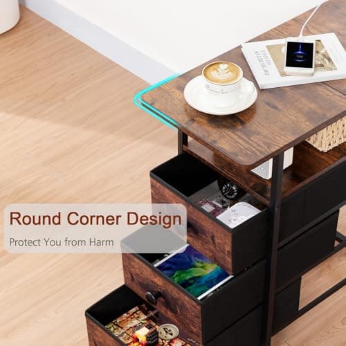 AMHANCIBLE Rustic Brown Narrow Side Table with Charging Station for Living Room and Bedroom