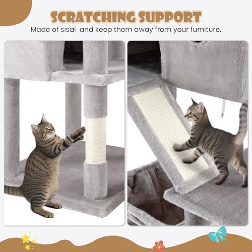 SHA CERLIN 81in Multi-Level Cat Tree Tower with Hammock & Sisal Posts, Grey