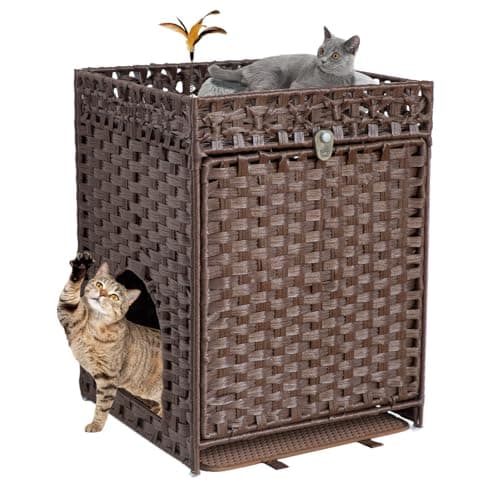 Handwoven Rattan Cat House with Door for Large Cats, Natural Enclosure Furniture — Brown