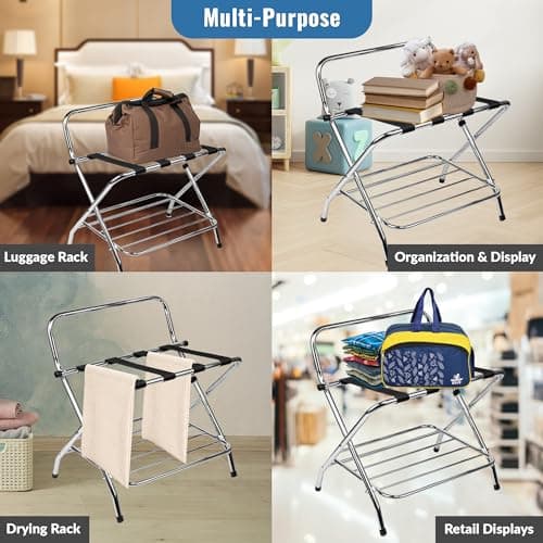 Double Tier Luggage Rack with High Back, Chrome, Assembly Included, Foldable Guest Room Organizer