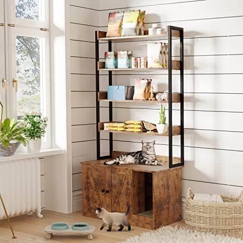 IRONCK Large Wood Cat Litter Box with 4 Shelves & Doors, Hidden Storage, Vintage Brown