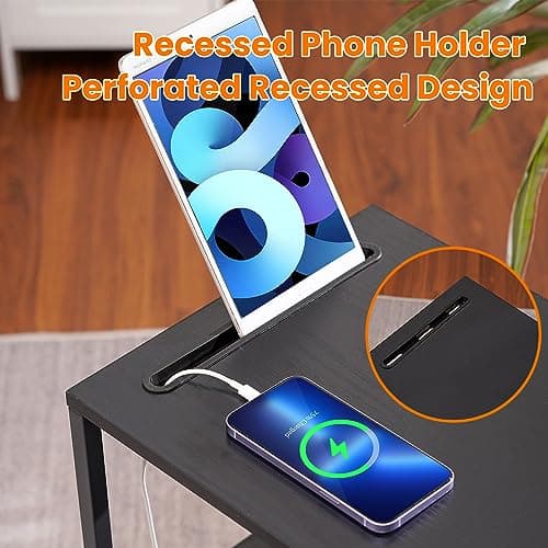 C Shape Side Table with Charging Station and Phone Holder for Small Spaces