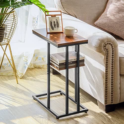 YooBure C-Shaped End Table, Rustic Snack Table for Living Room and Bedroom