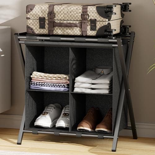 Black Folding Suitcase Stand with Storage Shelf for Guest Rooms