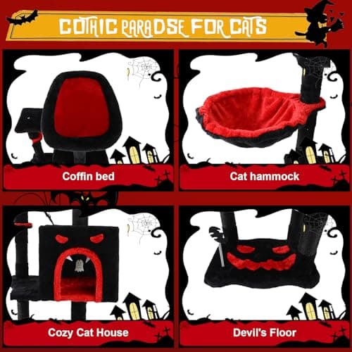 Large GothicCat Tree with Coffin Bed & Scratching Post, Tall Black Kitten Tower