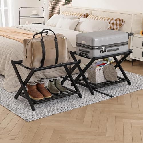 Fully Assembled Bamboo Luggage Stand with Storage, 5 Nylon Straps, Heavy Duty, Natural — Black-2pack