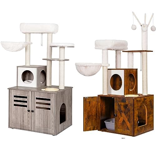 Heybly Wood Litter Box Enclosure + Cat Tree, Modern Style Cat Entertainment Center