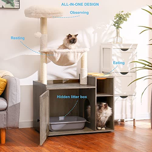 Hey-Brother Rustic Gray Cat Tree with XL Litter Box, Modern Pet Furniture MPJ101SG