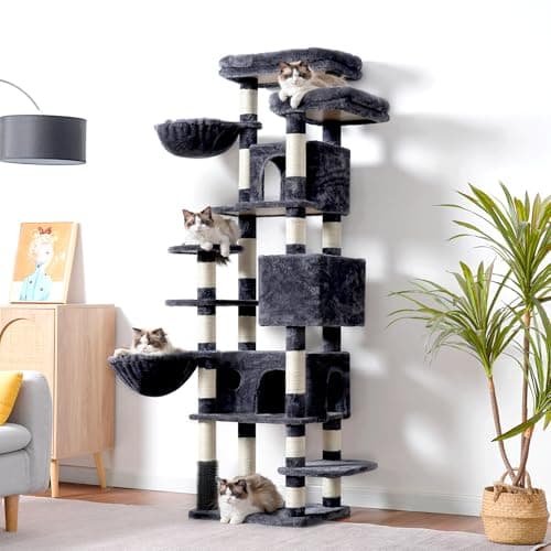 Smoky Gray Hey-brother 74" Multi-Level Cat Tree with 3 Condos & 2 Decks for Indoor Cats MPJ035